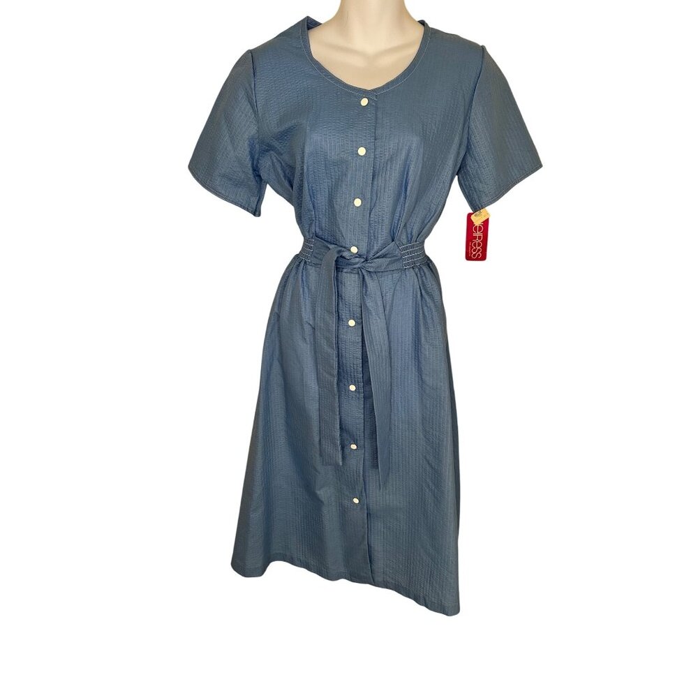Retro 1960s 70s Blue Snap Front Dress Medium attached Belt Housewife Homemaker